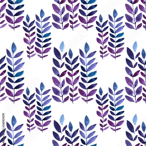 Seamless pattern watercolor hand-drawn blue and purple abstract branch with leaves on white. Art creative nature background for card, wrapping, textile, wallpaper, florist