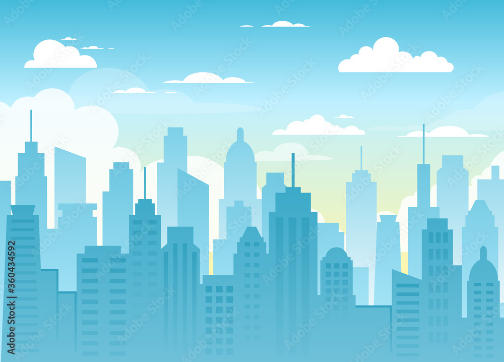 Vector illustration of City Urban Landscape, clouds, tower, buildings in flat style. Cityscape on a blue background. Silhouette downtown with skyscrapers and modern architecture. Skyline template.