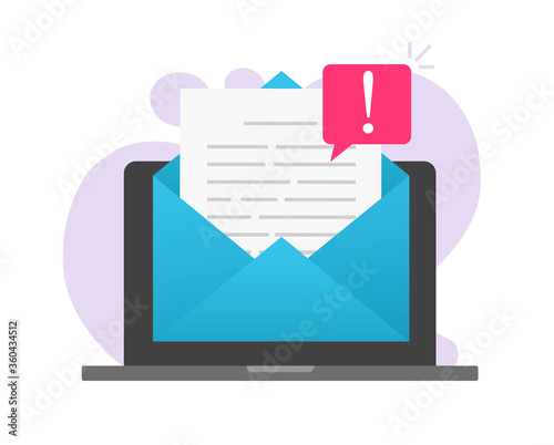 Email online scam malware caution message file notice on computer laptop or pc internet web mail document fraud digital warming alert attack vector flat, insecure network data phishing risk note image