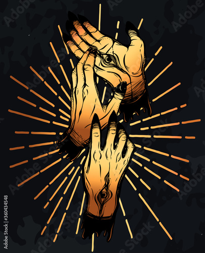 Vector illustration. hands with eyes, mysticism. Handmade, prints on T-shirts. background chalkboard, tattoos, gold color
