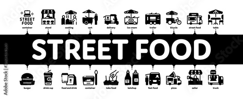 Street Food And Drink Minimal Infographic Web Banner Vector. Food Truck And Bicycle, Cart And Stand, Burger And Sauce Bottles, Catering Service Illustration