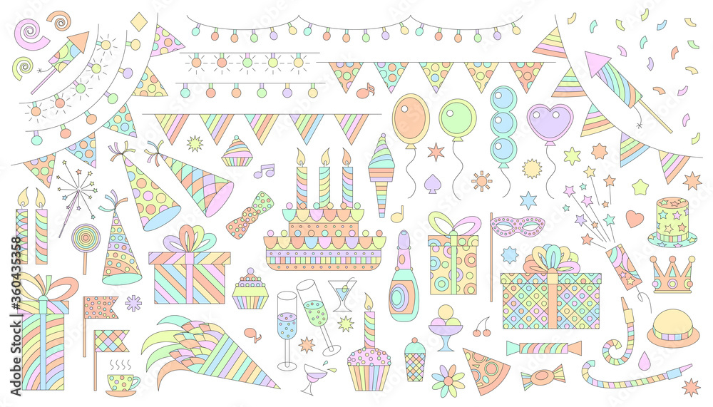 Birthday party elements vector set. Birthday cake, sweets, bunting flag, balloons, gift, festive paper cap, festive attributes.