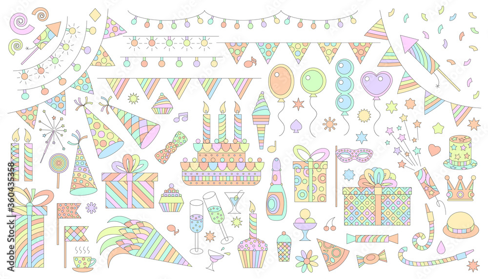 Birthday party elements vector set. Birthday cake, sweets, bunting flag, balloons, gift, festive paper cap, festive attributes. Birthday party elements vector set. Birthday cake, sweets, bunting flag, balloons, gift, festive paper cap, festive attributes.