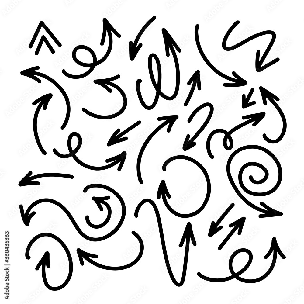Set of hand drawn black doodle arrows. Vector illustration. Isolated on white background Set of hand drawn black doodle arrows. Vector illustration. Isolated on white background