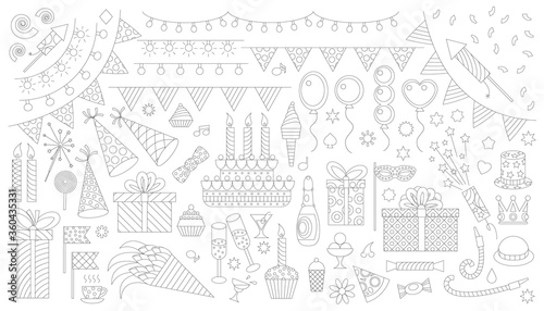 Birthday party elements vector set. Birthday cake, sweets, bunting flag, balloons, gift, festive paper cap, festive attributes. Page of the anti-stress coloring book.