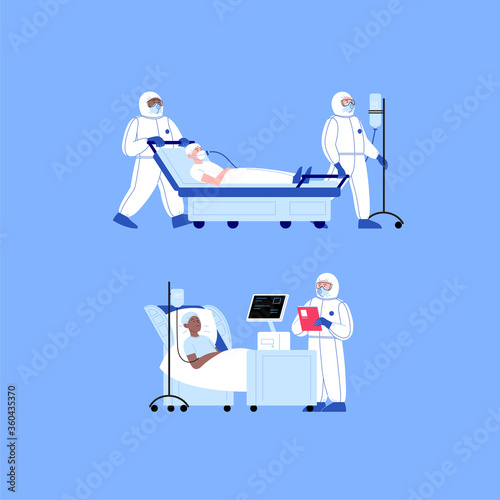 Professional doctor wearing covid-19 protection suit checking up the patient at the hospital. Two doctors transporting the patient on the bed. Virus outbreak concept photo