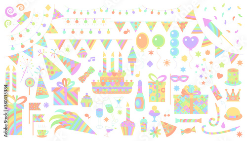 Birthday party elements vector set. Birthday cake, sweets, bunting flag, balloons, gift, festive paper cap, festive attributes.
