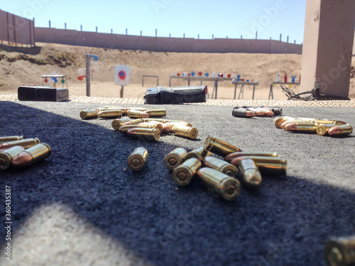Firing range for shooting guns pistols firearms training outdoor ammunition and weapons ready photo
