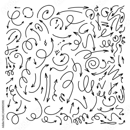 Set of hand drawn black doodle arrows. Vector illustration. Isolated on a white background