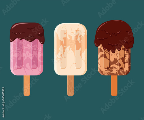 Ice cream. It's summer. Vector illustration. Cool. Marble ice cream on a stick. Chocolate frosting. 