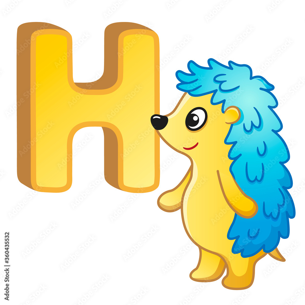 Vector bright illustrations alphabet with capital letters of the English  and cute cartoon animals and things. Poster for kindergarten and preschool.  Cards for learning English. Letter H. Hedgehog Stock Vector | Adobe