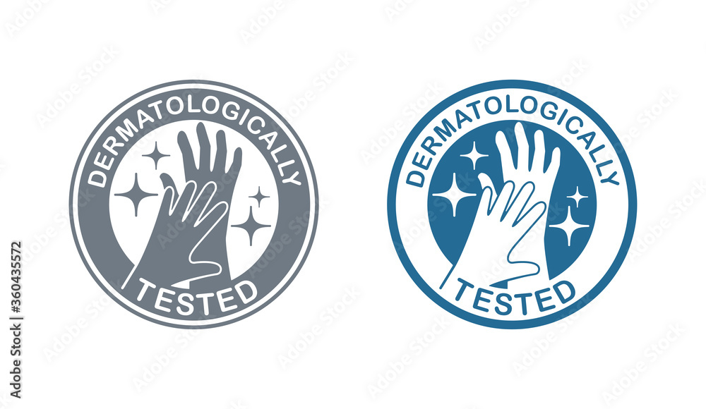 Dermatologically tested stamp - hand and liquid drop of gel or cream - isolated vector emblem for cosmetics pacaking
