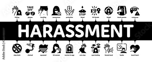 Sexual Harassment Minimal Infographic Web Banner Vector. Victim And Woman Sexual Harassment, Molestation And Assault, Violent And Inappropriate Illustration