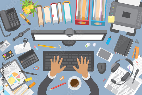 Vector illustration. Office desktop with office accessories. Top view. Desktop with business objects. View from above.