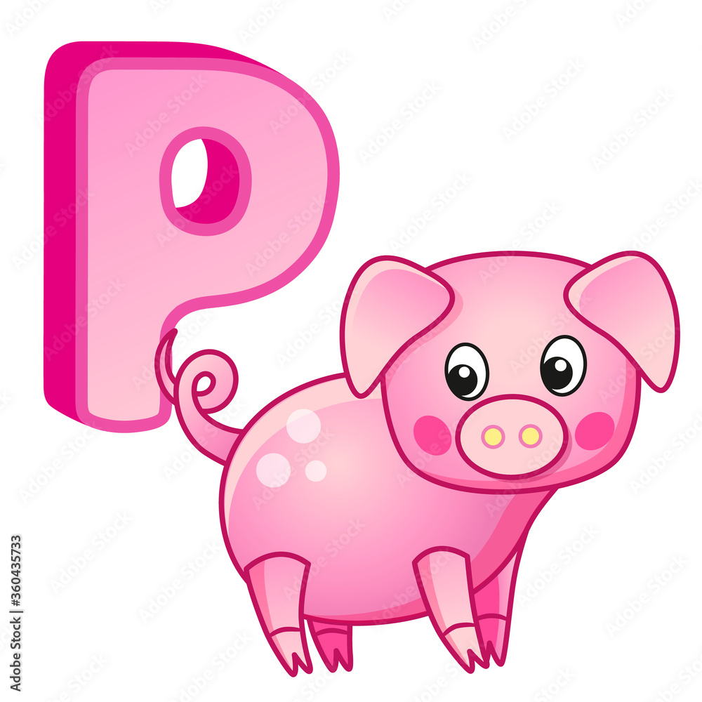 Vector vivid alphabet with capital letters of the English alphabet and cute cartoon illustrations. Poster for kindergarten and preschool. Cards for learning English. Letter P. Pig