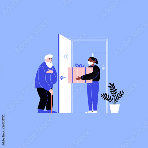 Flat illustration of a delivery girl wearing face mask delivering a package to an old man's home. Online shopping during the quarantine. 