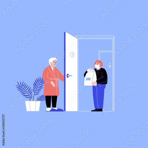 Flat illustration of a delivery girl wearing face mask delivering a package to the old lady's home. Online shopping during the quarantine. 