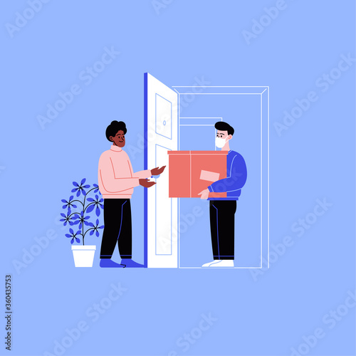 Flat illustration of a delivery guy wearing face mask delivering a package to the recipient's home. Online shopping during the quarantine. 