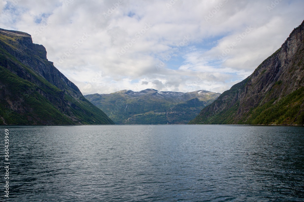 Scenic view of Geirangerfjord from boat trip through the fjord, Norway