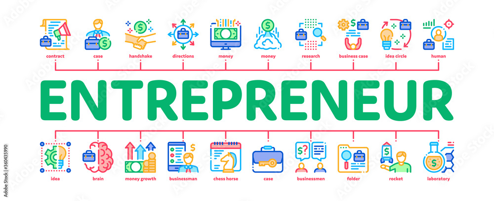 Fototapeta premium Entrepreneur Business Minimal Infographic Web Banner Vector. Entrepreneur Businessman And Agreement, Idea And Work, Money Growth Arrow And Case Illustration