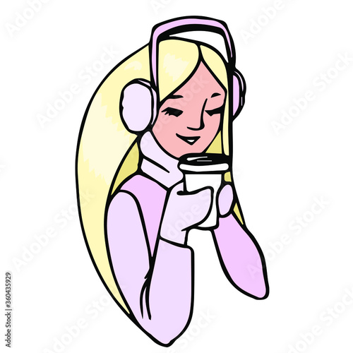 Blonde girl in earmuffs, pink sweater and pink hat drinks coffee in mittens