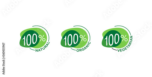 100 percants natural, 100 organic, 100 vegan - mark for healthy food, vegetarian nutrition - vector sticker set