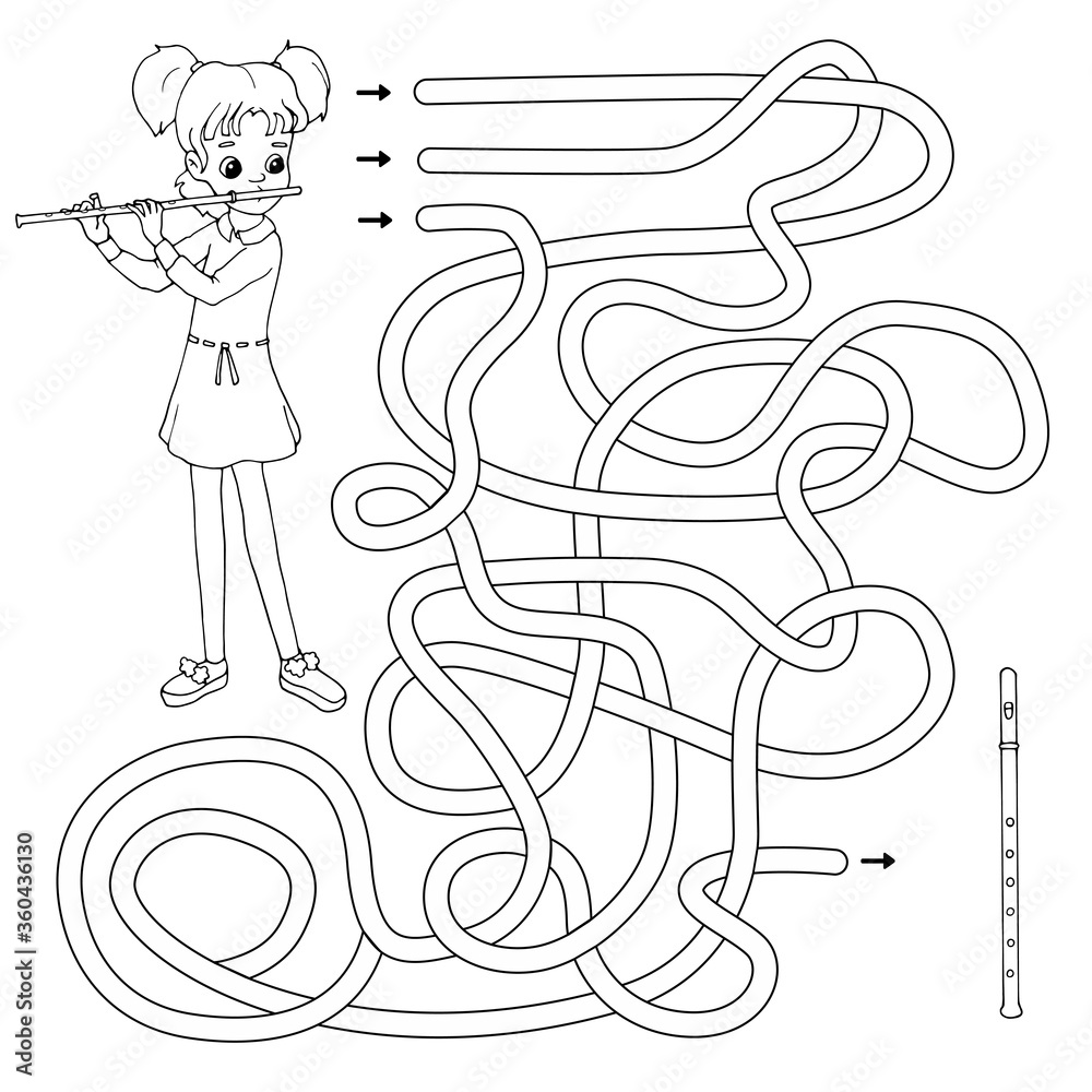 Labyrinth. Maze game for kids. Help cute cartoon flutist girl find path to her flute. White and black vector illustration for coloring book.