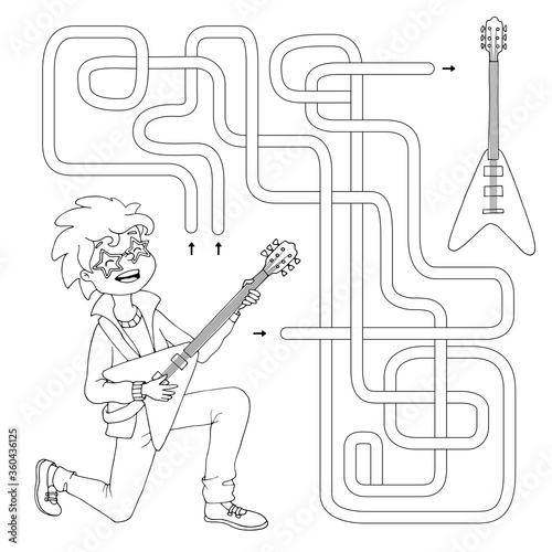 Labyrinth. Maze game for kids. Help cute cartoon guitarist find path to his electric guitar. White and black vector illustration for coloring book.
