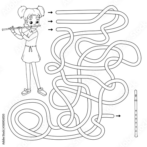 Labyrinth. Maze game for kids. Help cute cartoon flutist girl find path to her flute. White and black vector illustration for coloring book.