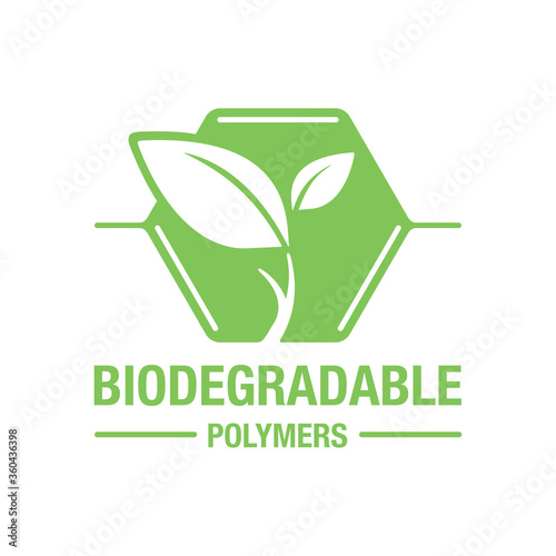 Biodegradable polymers icon - green emblem with plastic polymer molecule and plant leaf inside - eco-friendly plastic products marking