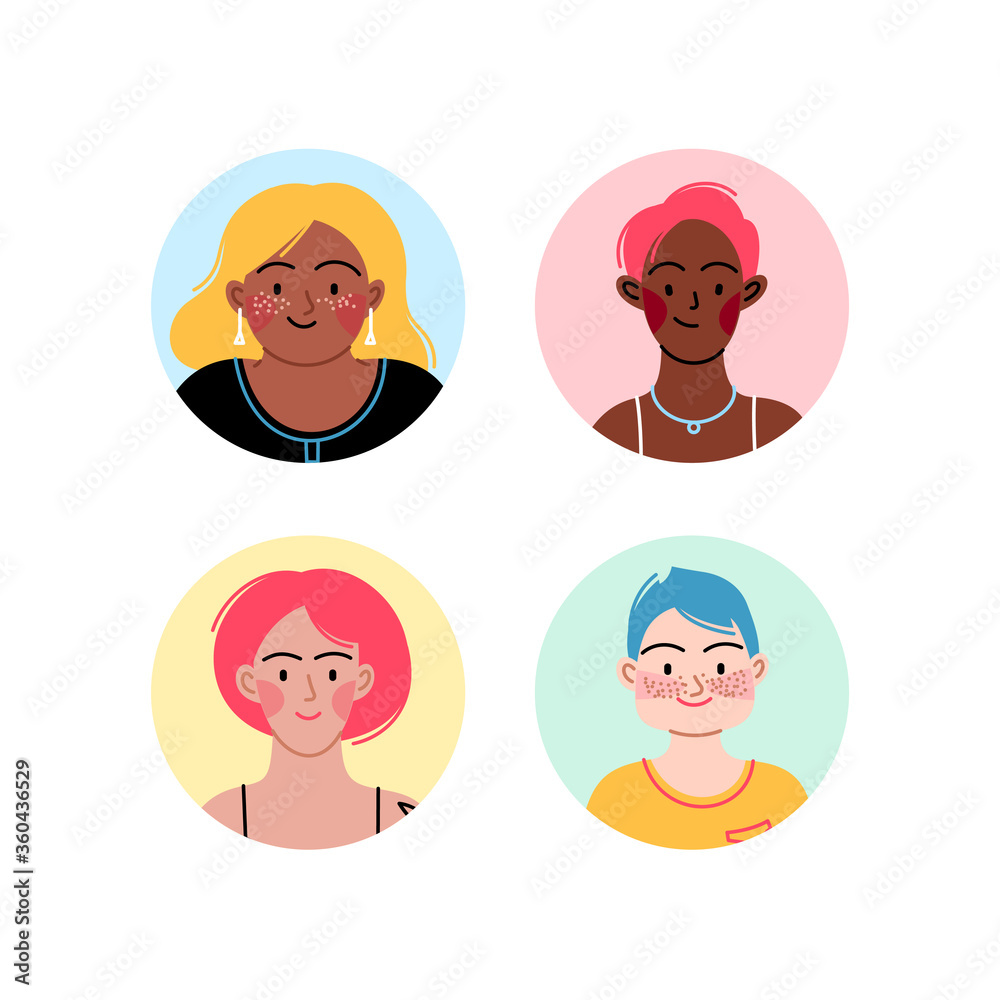 Female diverse faces of different ethnicity, different skin and different bodies Female diverse faces of different ethnicity, different skin and different bodies