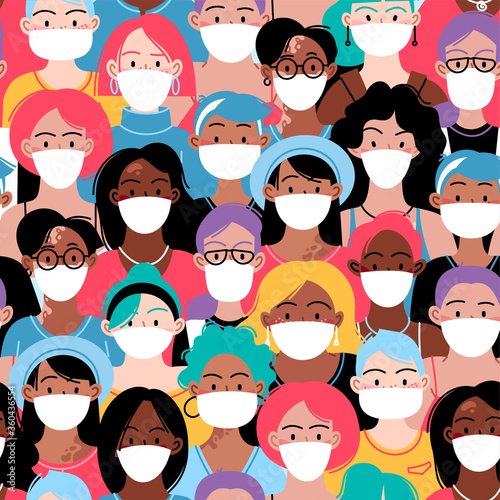 Seamless pattern. Female diverse faces of different ethnicity, different skin and different bodies, wearing medical face mask. Pandemic concept