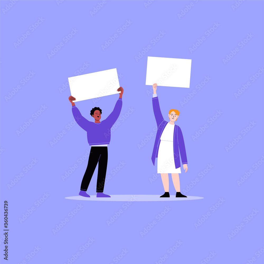 Two activists protesting with blank cardboards. A man and a woman on a working strike holding posters. Flat vector illustration Two activists protesting with blank cardboards. A man and a woman on a working strike holding posters. Flat vector illustration