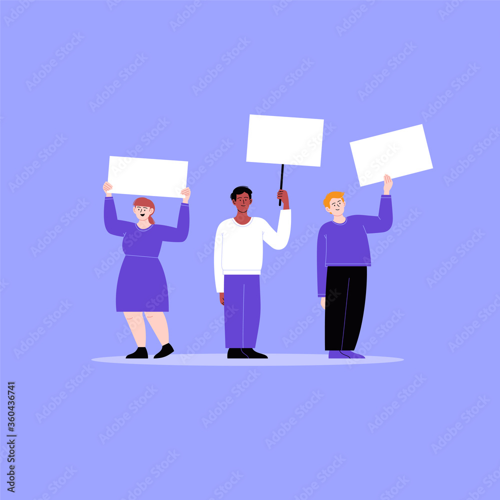 A group of activists protesting with blank cardboards. Different people on a working strike holding posters. Flat vector illustration A group of activists protesting with blank cardboards. Different people on a working strike holding posters. Flat vector illustration