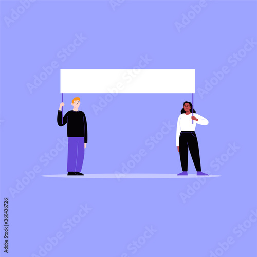 Two activists protesting with a blank cardboard. A man and a woman on a working strike holding a banner. Flat vector illustration