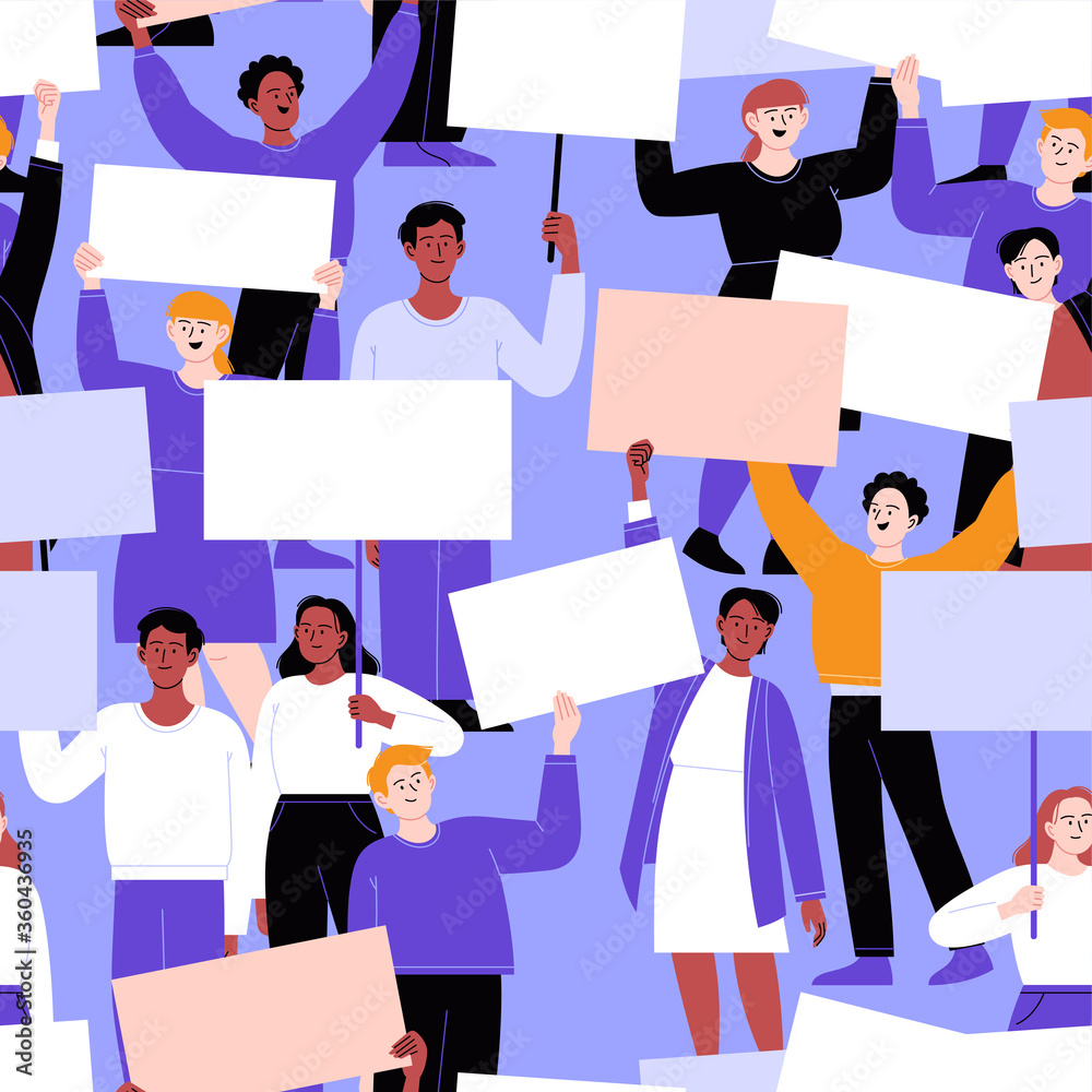 Seamless pattern. A crowd of activists protesting with blank cardboards. Different people on a working strike holding posters. Flat vector illustration Seamless pattern. A crowd of activists protesting with blank cardboards. Different people on a working strike holding posters. Flat vector illustration