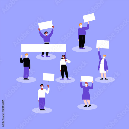 A group of activists wearing face masks protesting with blank cardboards. Different people on a working strike holding posters. Pandemic protest concept. Flat vector illustration