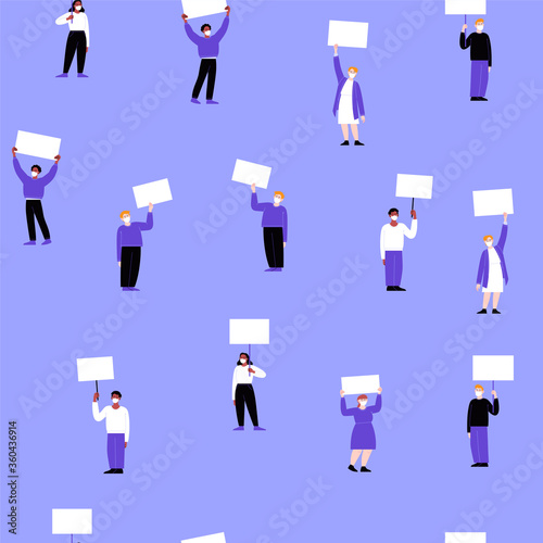 Seamless pattern. A group of activists wearing face masks protesting with blank cardboards. Different people on a working strike holding posters. Pandemic protest concept. Flat vector illustration