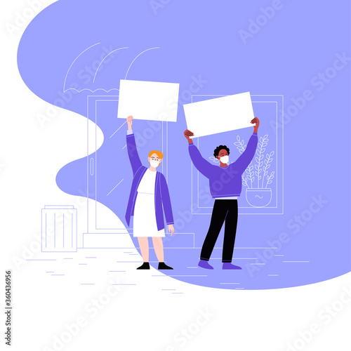 A group of female activists protesting with blank cardboards. Different women on a working strike holding protest posters. Women rights concept. Flat vector illustration