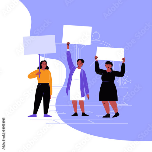 A group of female activists protesting with blank cardboards. Different women on a working strike holding protest posters. Women rights concept. Flat vector illustration