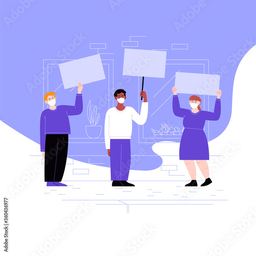 A group of activists wearing face masks protesting with blank cardboards. Different people standing on the street holding posters. Pandemic protest concept. Flat vector illustration