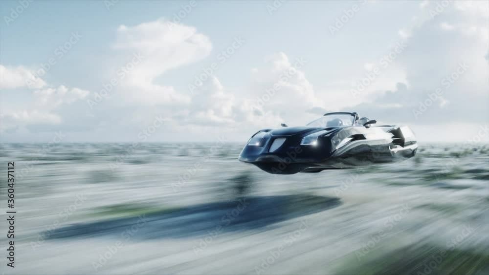 futuristic flying car with 3d model woman fast driving in desert. Concept of future. Realistic 4k animation.
