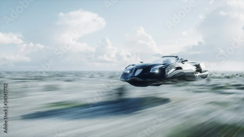futuristic flying car with 3d model woman fast driving in desert. Concept of future. Realistic 4k animation. photo