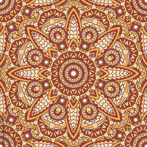 Seamless oriental pattern. Geometric tiles with mandala. Vector laced Persian carpet. Indian, Arabic festival style floral ornament. Bandanna shawl, tablecloth fabric print, scarf, kerchief design