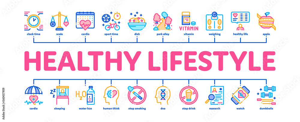 Healthy Lifestyle Minimal Infographic Web Banner Vector. Healthy Food Dish And Vitamin Pills, Sport And Walking, Non-alcohol And Non-smoking Illustration