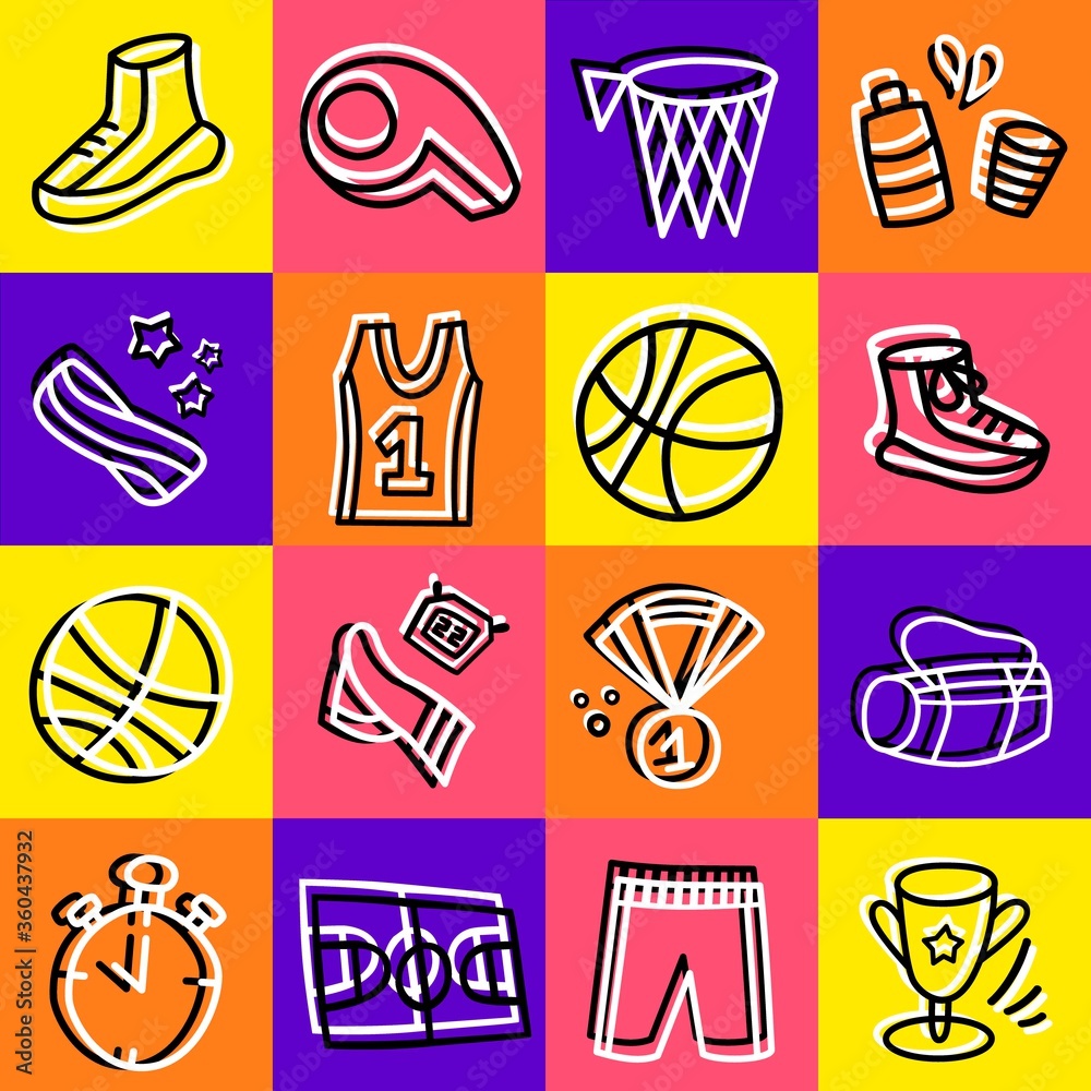 Collection of icons with basketball sport equipment. Vector doodle set with sport objects. Sport uniform, basketball court, net trophy, whistle and bag. Elements for websites and applications