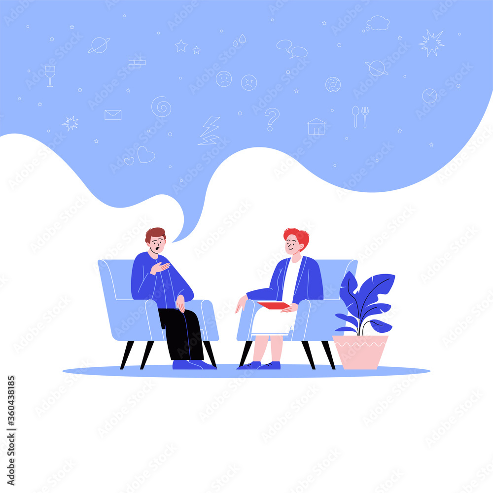A man attending a therapy session with a female mental specialist. Personal psychotherapy session. Conversation with a psychologist. Icons in the speech bubble