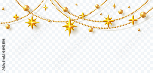 Border with gold stars, balls and beads isolated on transparent background. Golden  xmas banner template. Vector Christmas decor garland