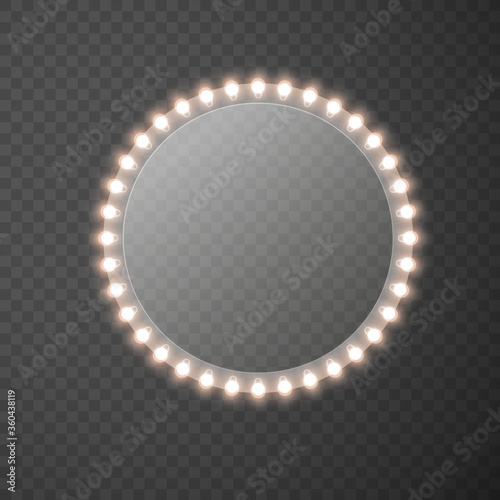 Light circle banner isolated on transparent background. Vector Hollywood bulbs frame or Las Vegas casino night sign. Theatre makeup mirror with lamps template