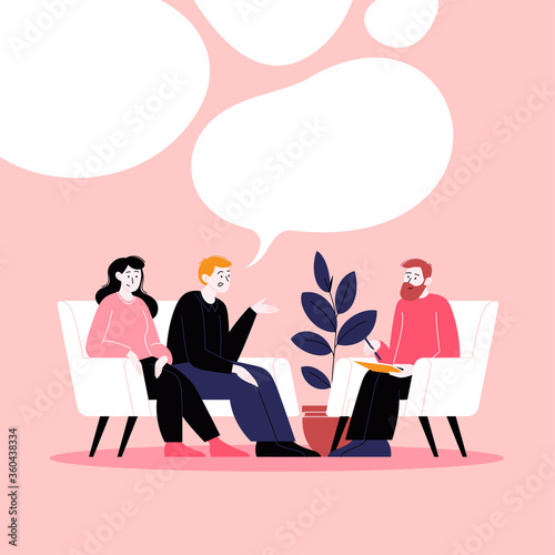 A couple attending a therapy session with a male mental specialist. Family psychotherapy session. Conversation with a psychologist. Speech bubbles